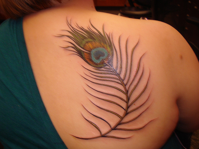 Peacock Feather Tattoo On Back For Girl