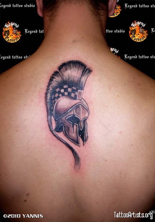 Upper Back Spartan Helmet Tattoo Art