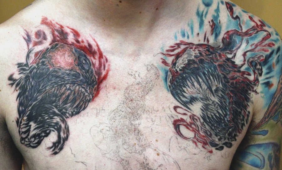 Twin Carnage From Spiderman Chest Tattoo