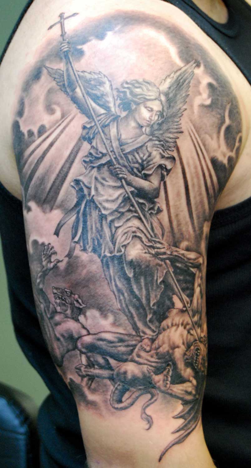 Black / Gray St Michael The Archangel Tattoo