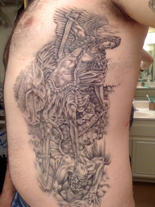 Saint Michael The Archangel Side Body Tattoo