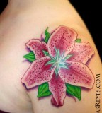 Pink Stargazer Lily Tattoo On Shoulder