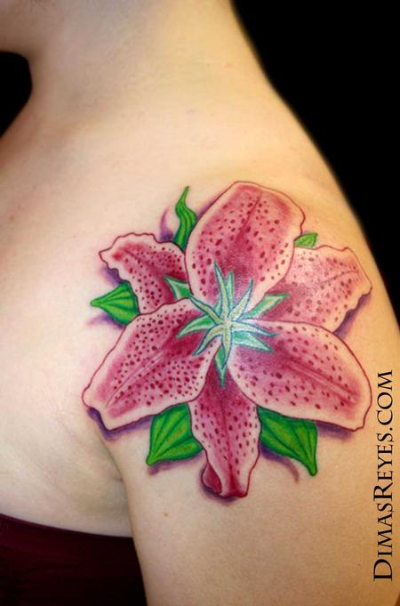 Full Color Stargazer Lily Tattoo Design on Shoulder