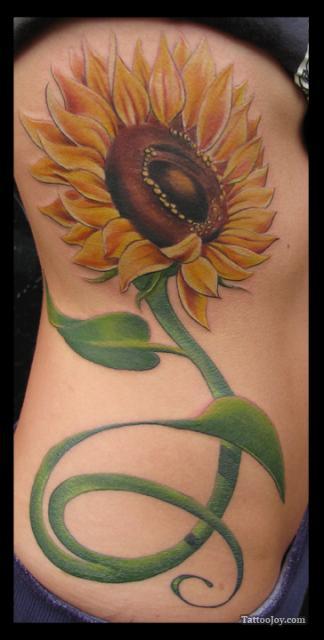 Beautiful Sunflower Tattoo Design on Rib for Girls