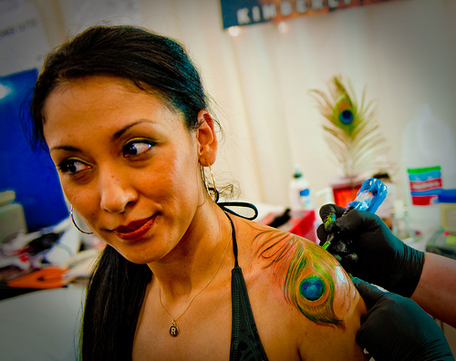 Cute Peacock Tattoo Design on Shoulder for Women
