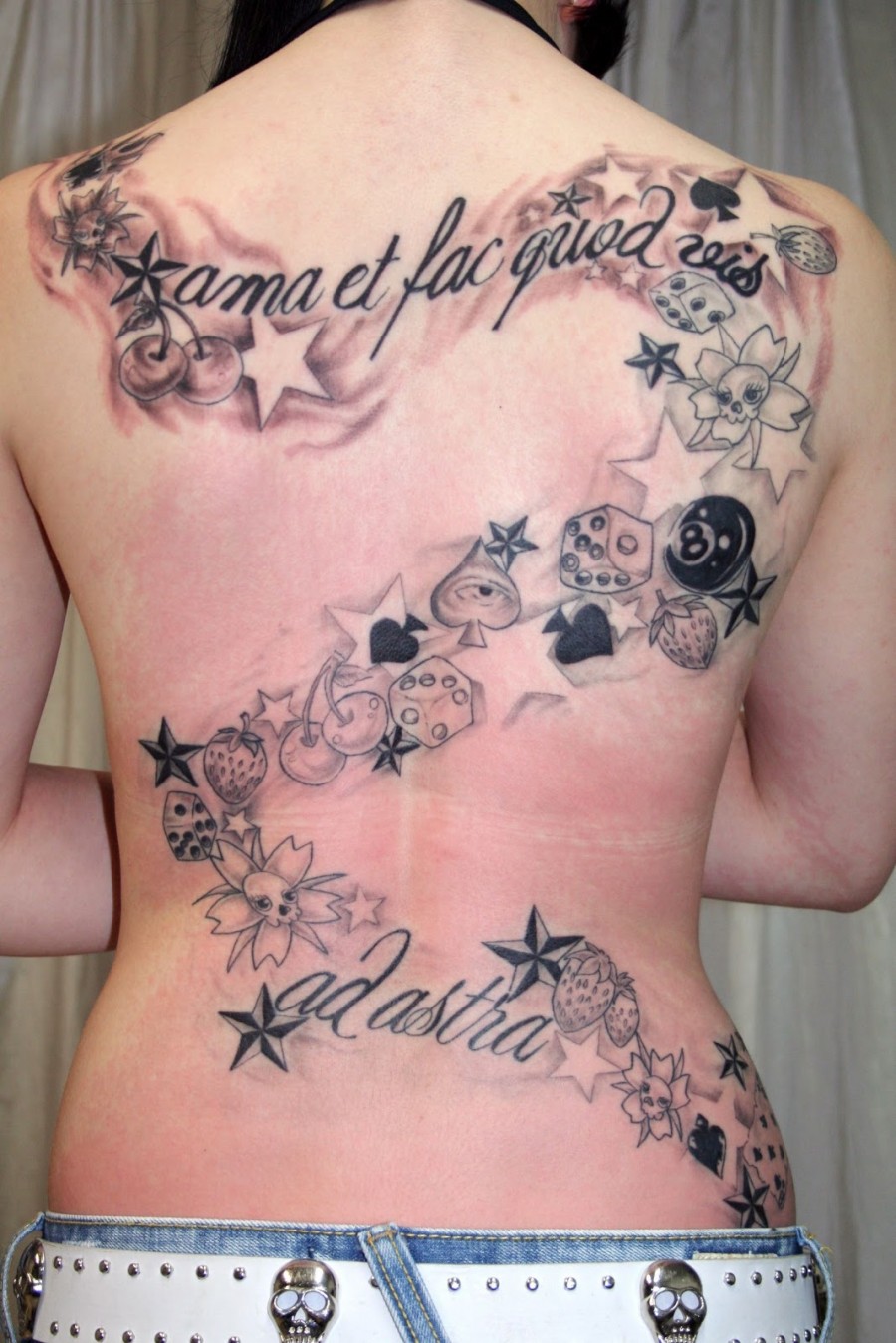 Awesome Back Mixed-Tattoo Design for Women