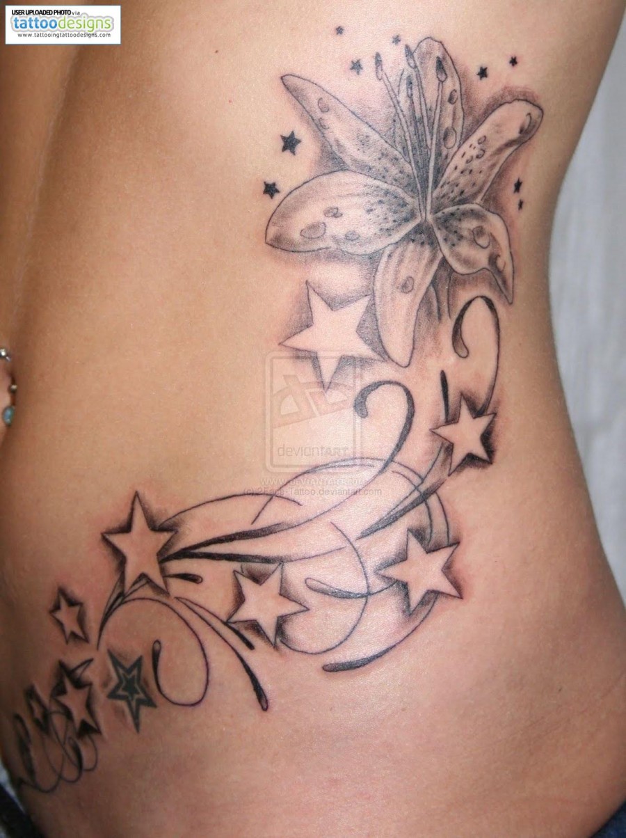 Beautiful Stars and Swirly Flowers Tattoo Design for Women – Rib to Hip Tattoo