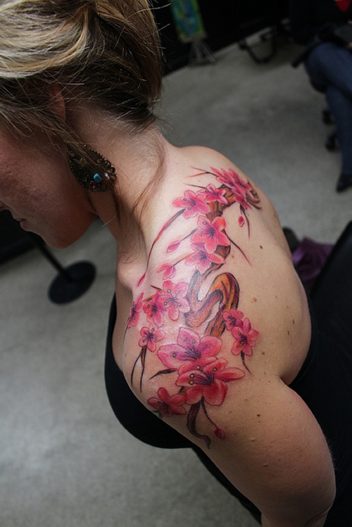 Lovely Cherry Blossom Tattoo Designs on Shoulder for Women