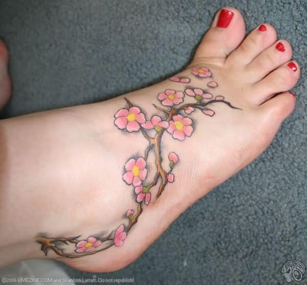 Cherry Blossom Tattoo On Foot for Women