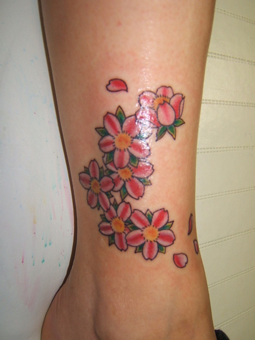 Cherry Blossoms Tattoos Design on Leg for Women