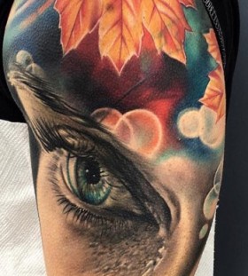 teardrop-on-eye-with-autumn-leaves-background-tattoo teardrop-on-eye-with-autumn-leaves-background-tattoo