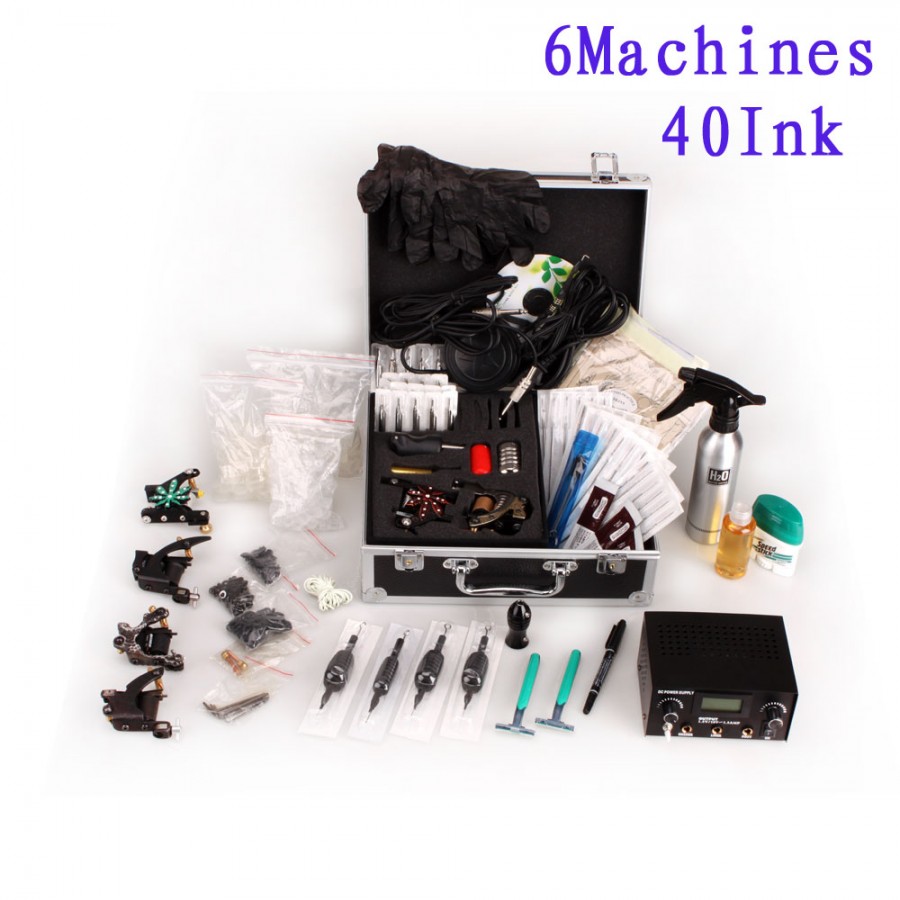 6 Guns Tattoo Machine Kit Lcd Power Supply 40 Ink Needle