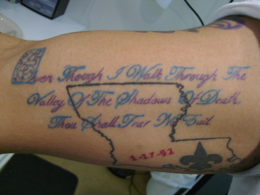 Blue and Purple Bible Scripts Tattoo on Arm