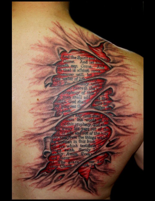 Amazing Bible Verse Under Skin Tattoo on Back Shoulder