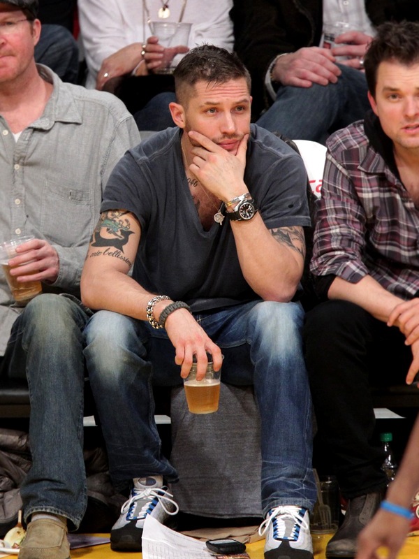 Tom Hardy with his Grand Tattoos at Los Angeles Lakers Game