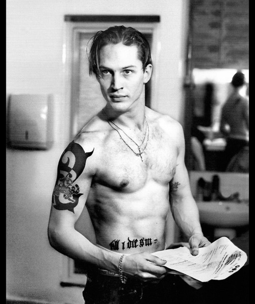 Tom Hardy Black and White Photo with His Grand Tattoos