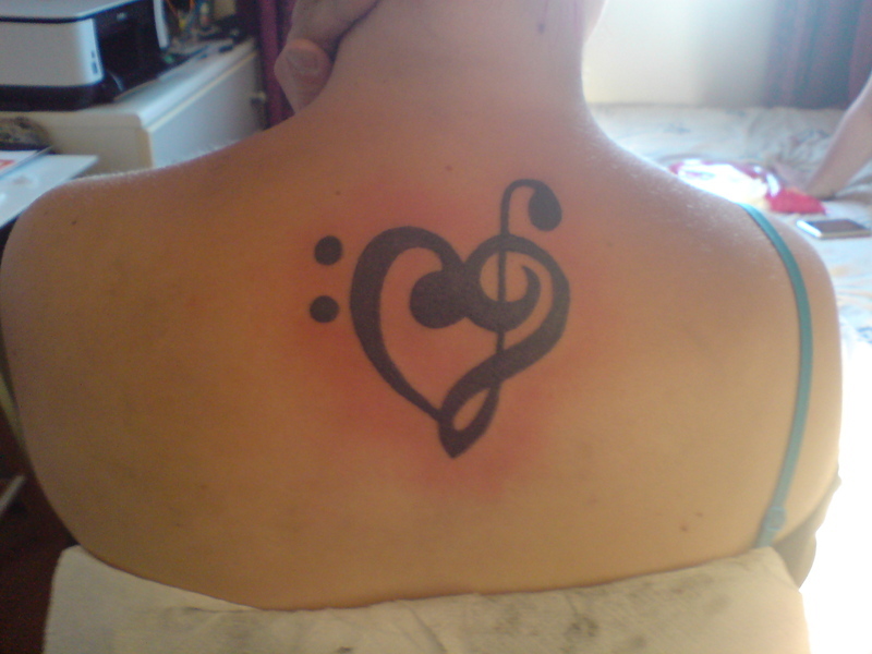 Bass And Treble Clef Heart Tattoo – Upper Back Tattoo