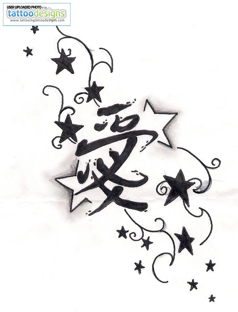 Swirly Stars and Japanese Letters Tattoo Sketch Design – Star Tattoos