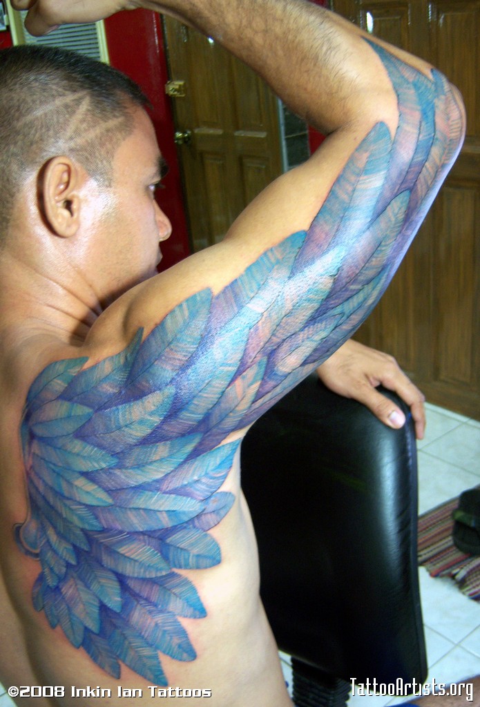 Blue Color Archangel Wing Tattoo Artists