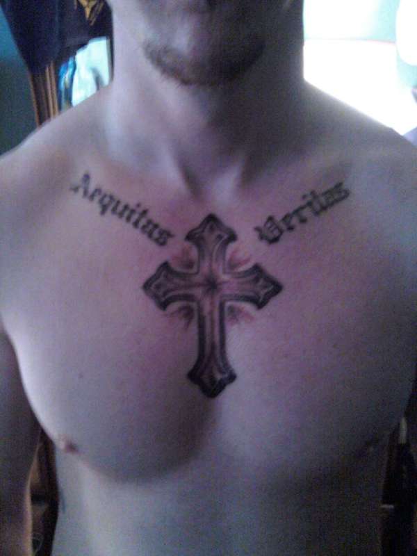 Artistic Veritas and Aequitas Cross Tattoo Design on Men Chest