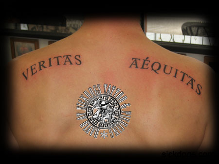 Stunning Veritas Aequitas Back Tattoo Design by David Sickdogs Tattoo