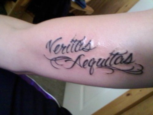 Beautiful Completed Swirly Veritas Aequitas Tattoo Design on Inner Upper Arm