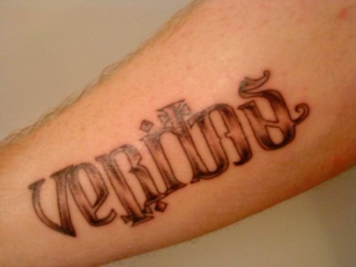 Awesome Veritas And Aequitas Tattoo Design On Arms