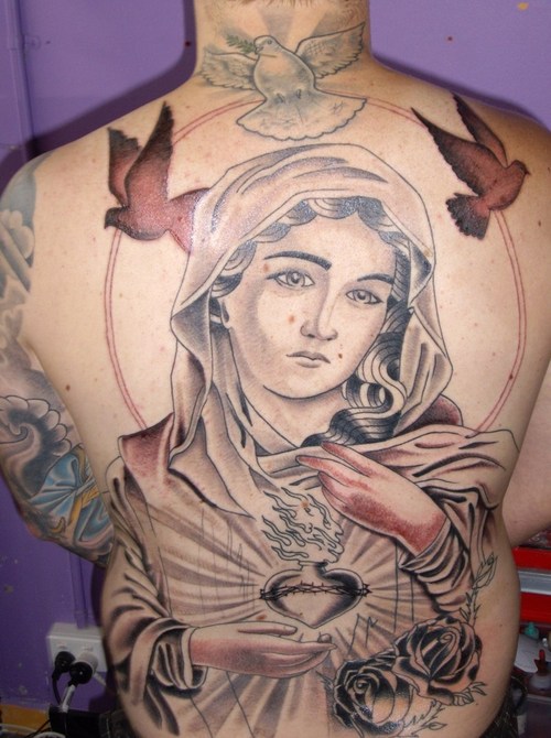 Beautiful Holy Virgin Mary Full-Back Tattoo Design – Religious Tattoos