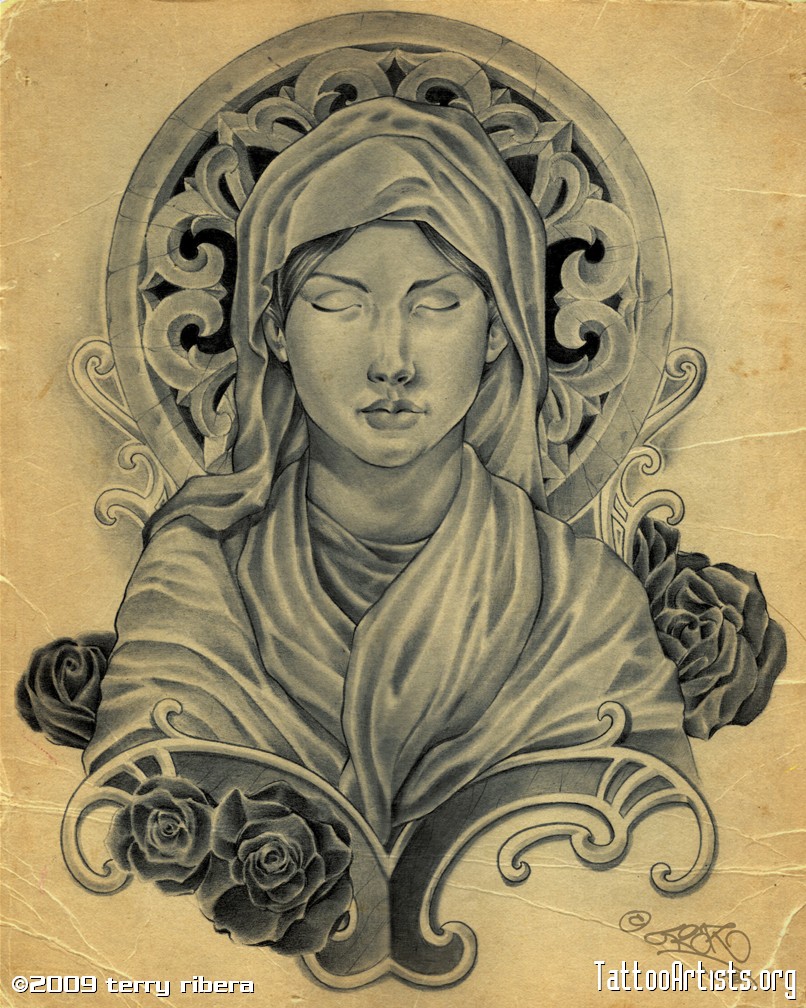 Fascinating Virgin Mary Sketch Drawing for Christian Tattoos