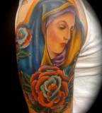 Virgin Mary and Rose Flowers Upper-arm Tattoo Design for Men