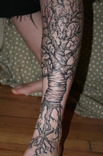 Dashing Black Weeping Willow Tree Tattoo on Leg