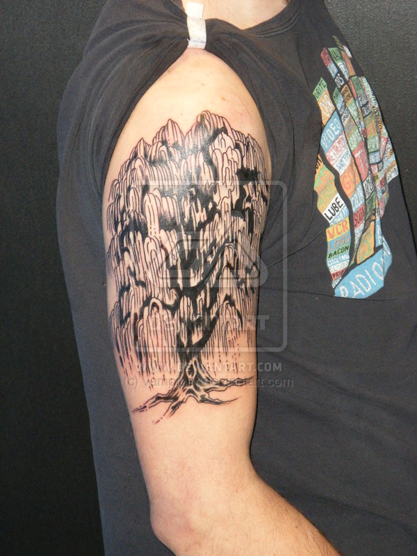 Amazing Weeping Willow Tree Tattoo on Right Upper Arm