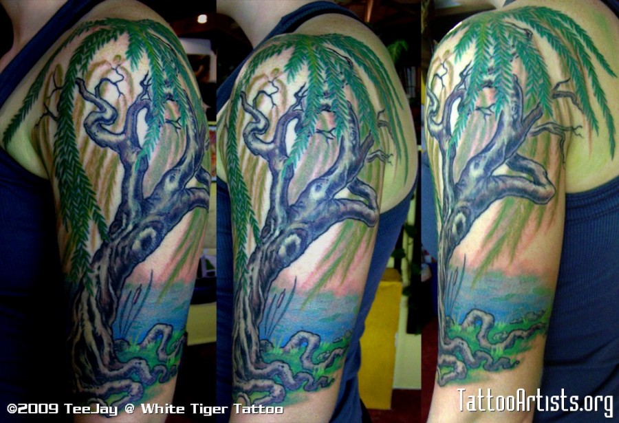 Half Sleeve Weeping Willow Tattoo Designs