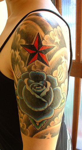 Half Sleeve Clouds Star and Rose Tattoo Designs for Women