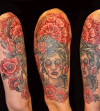 Lady With Poppies Half Sleeve Tattoo Design for Women